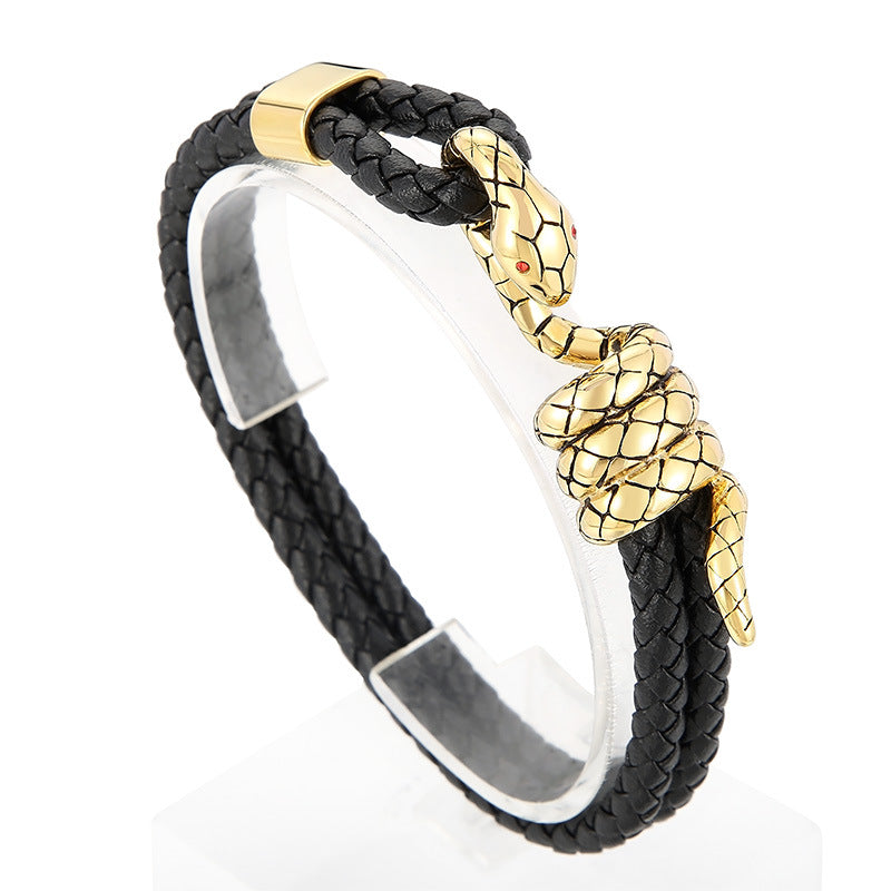 スネークレザーブレスレット メンズ|編み込みレザー×ステンレス蛇ヘッドデザイン