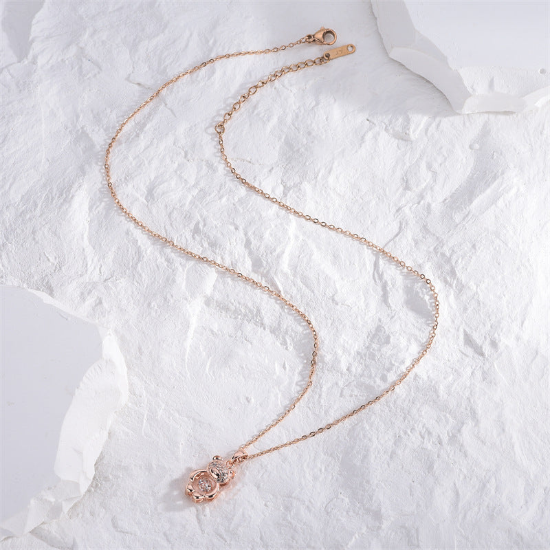 Rockyu ネックレス レディース テディベア CZ ピンクゴールド くまモチーフ 鎖骨チェーン