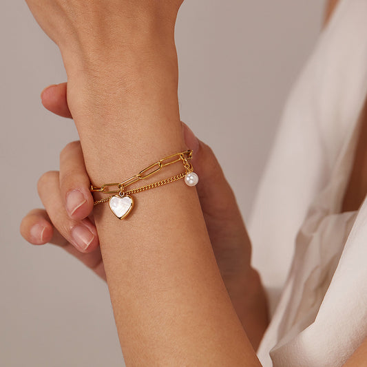 Rockyu ブレスレット レディース 二連チェーン ハート&パールモチーフ チタン製