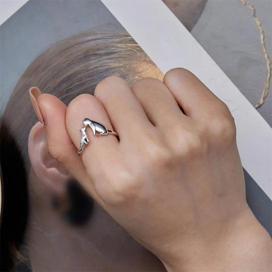 Rockyu 猫リング レディース フリーサイズ シルバー925 親子猫デザイン