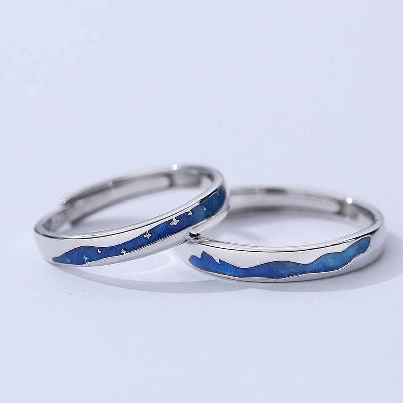 Rockyu ペアリング フリーサイズ シルバー925 青波と星空モチーフ カップル指輪
