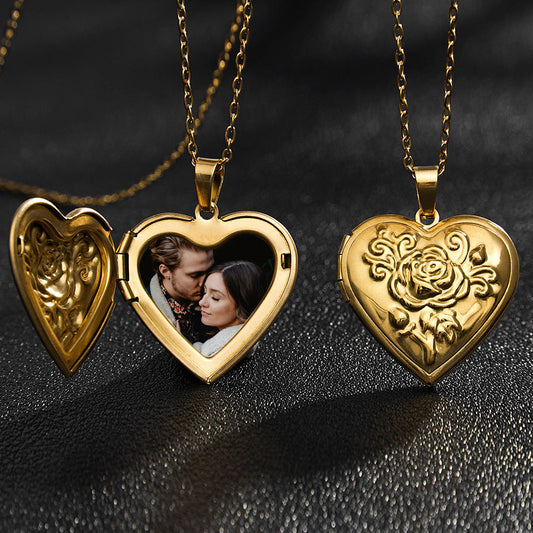 Rockyu レディースネックレス ハートロケットペンダント 写真入れ 薔薇モチーフ シルバー ゴールド 鎖骨チェーン 上品 アクセサリー