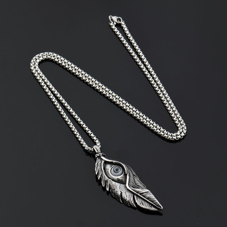 Rockyu メンズ ネックレス ペンダント 羽 根 アイモチーフ チタン ステンレス レトロ アンティーク風