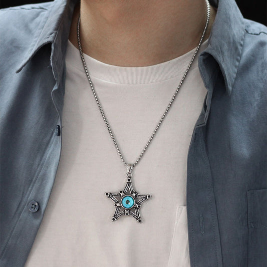 Rockyu メンズネックレス 悪魔の目と星モチーフのステンレスペンダント