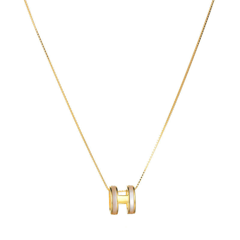 Rockyu レディース Hモチーフネックレス ピンクゴールド&ホワイト 白蝶貝 S925銀