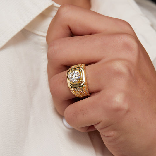 Rockyu メンズリング ゴールド&シルバー調 大粒ジルコニア フリーサイズ 幅広デザイン