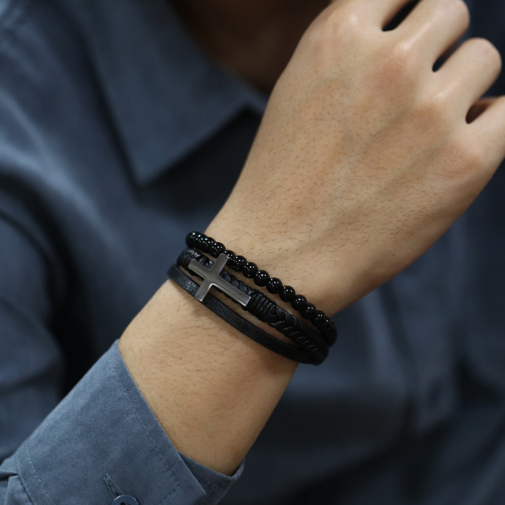 Rockyu ブレスレット メンズ クロスモチーフ 3連風 ブラックレザー&数珠 シルバー/ブラック