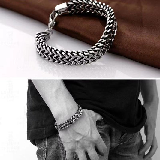 Rockyu メンズブレスレット – シルバーステンレス 2連チェーン 幅広デザイン