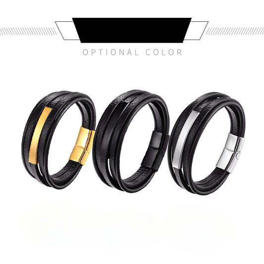 Rockyu レザーブレスレット メンズ 多重巻き ステンレスプレート付き 3色展開