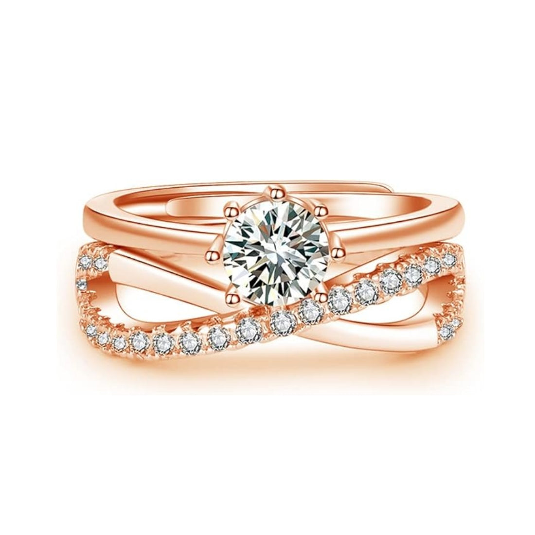 Rockyu 2連クロスリング ジルコニア装飾 フリーサイズ レディース指輪 幅広デザイン