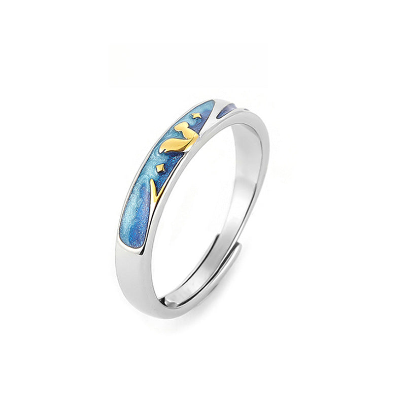 Rockyu ペアリング シルバー925 星空とキツネのデザイン フリーサイズ カップル指輪