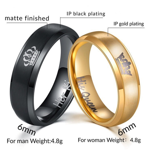 Rockyu ペアリング Her King & His Queen ステンレス製 ブラック&ゴールド