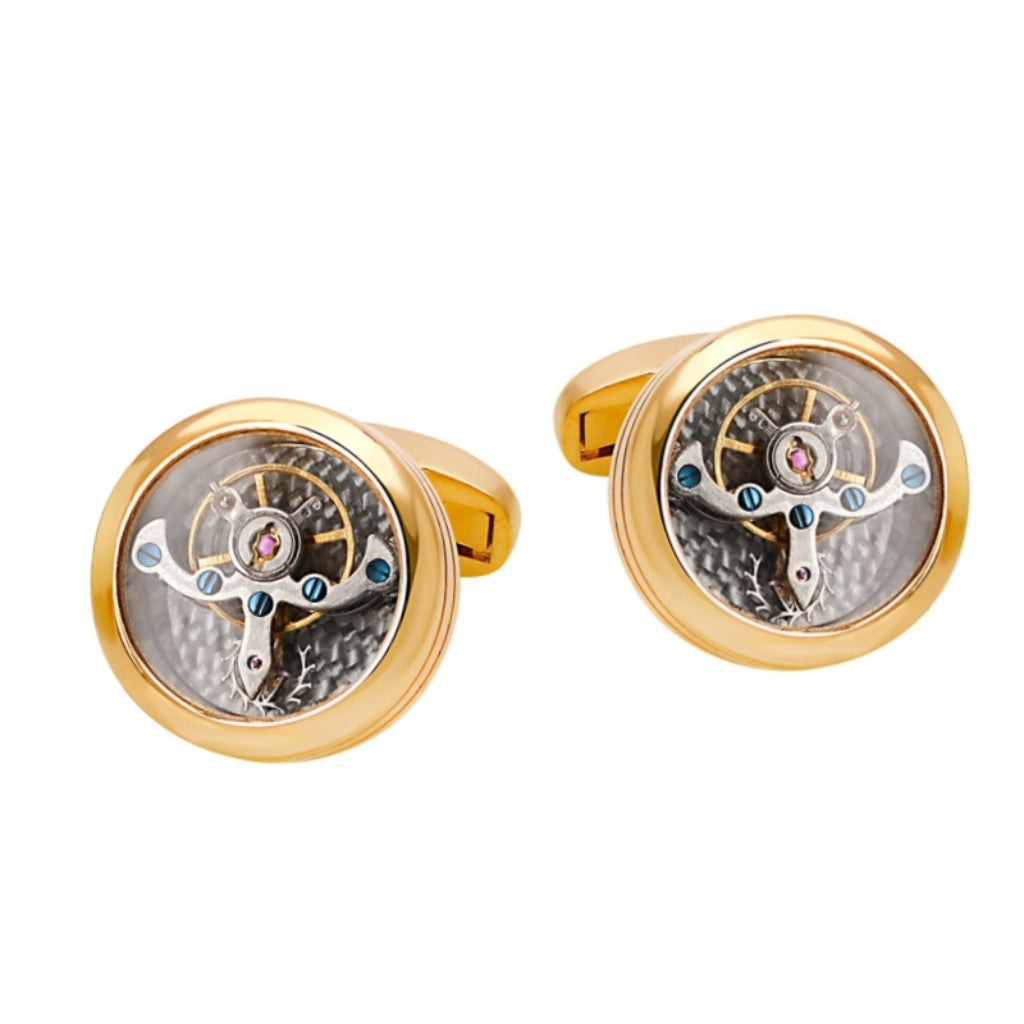 Rockyu 飛輪カフスボタン ダブルトゥールビヨン風デザイン スチームパンク調 3色展開 ユニセックス