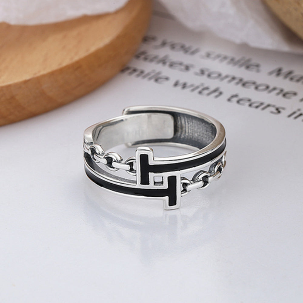 Rockyu Tモチーフチェーンリング シルバー925 ブラックエナメル フリーサイズ