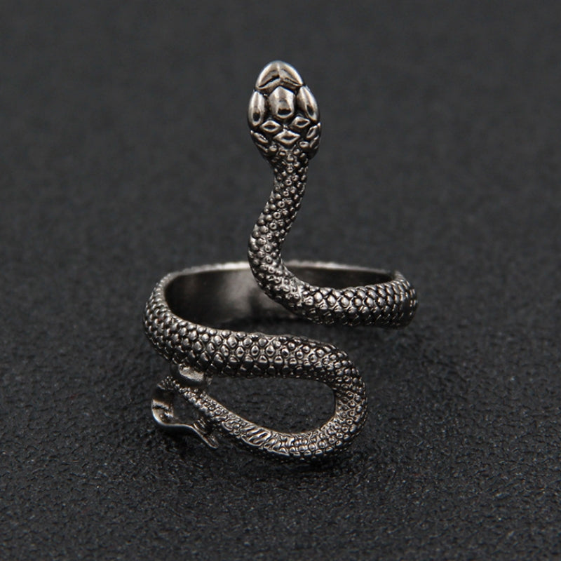 Rockyu 指輪 スネークデザイン フリーサイズ シルバー&ブラック ステンレス製 男女兼用 お守りリング