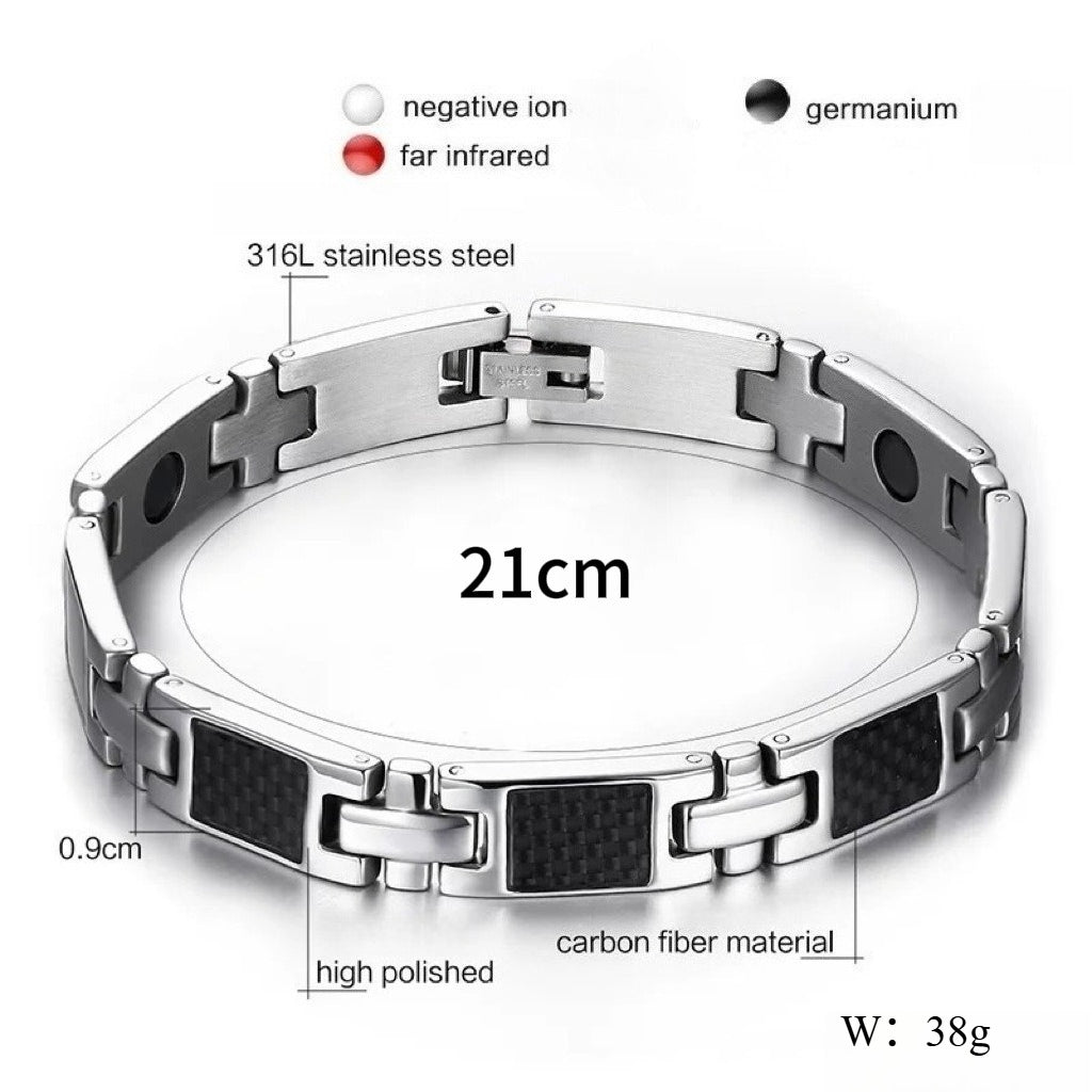 Rockyu ブレスレット メンズ ステンレス シルバー ブラック カーボン調 幅広チェーン モダンデザイン
