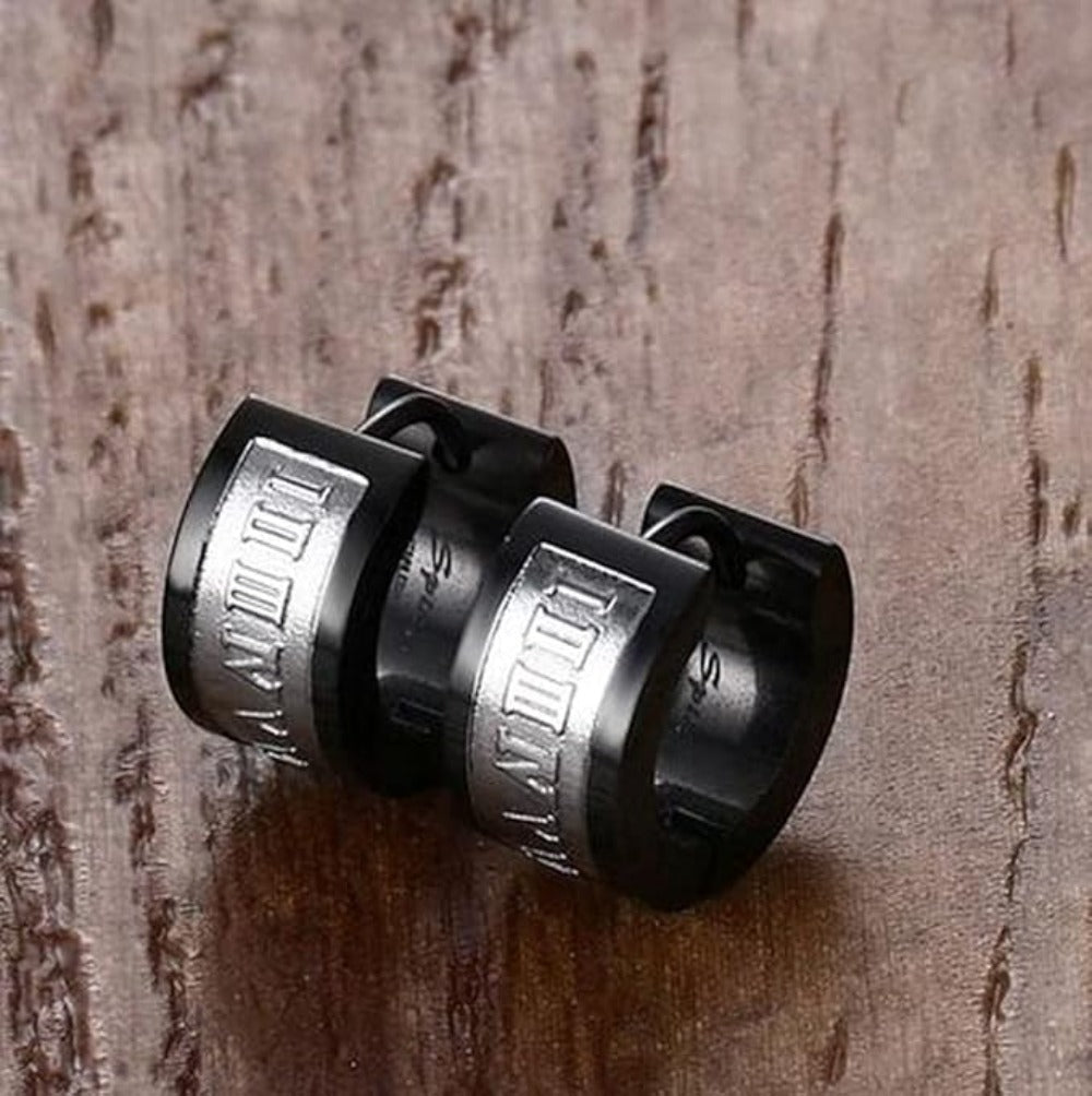 Rockyu ピアス メンズ ブラック 幅広リング ローマ数字デザイン フープピアス ステンレス 金属アレルギー対応