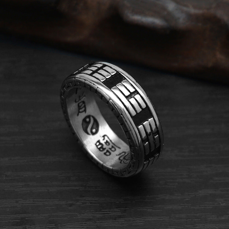 Rockyu メンズ ステンレスリング 六字真言デザイン 透かし彫り 8mm幅