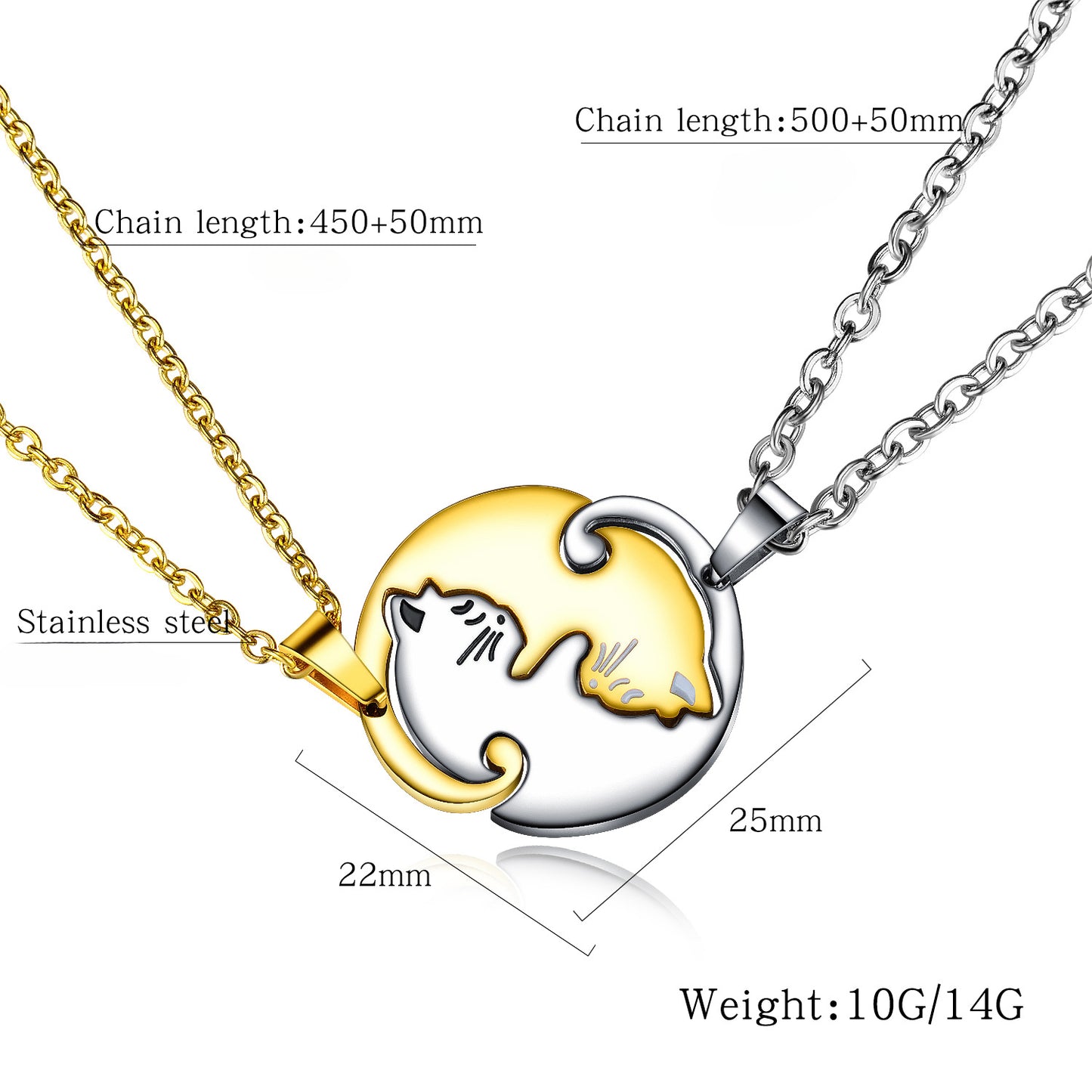 Rockyu ペアネックレス 猫モチーフ シルバー＆ブラック 男女兼用 ステンレス 可愛い カップルセット