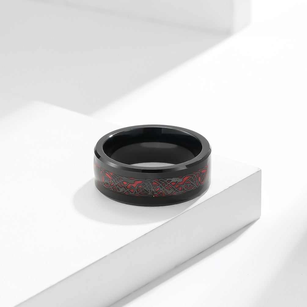 Rockyu ドラゴンモチーフ タングステンリング メンズ 8mm幅 カーボンファイバー×ブラック仕上げ