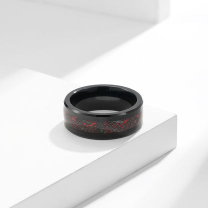 Rockyu ドラゴンモチーフ タングステンリング メンズ 8mm幅 カーボンファイバー×ブラック仕上げ