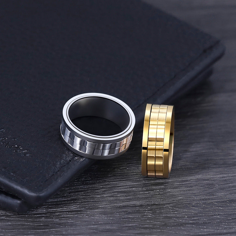 Rockyu ステンレススチールスピンリング 9mm幅 メンズ チタン風ギアデザイン