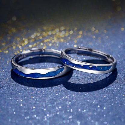Rockyu ペアリング フリーサイズ シルバー925 青波と星空モチーフ カップル指輪