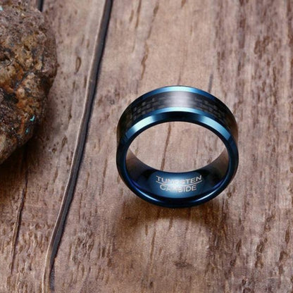 Rockyu タングステンカーバイド メンズリング 8mm幅 カーボンファイバー シンプル 指輪（ブラック／シルバー／ブルー）