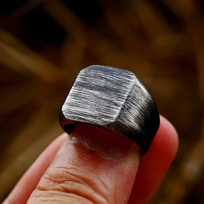 Rockyu メンズ ヴィンテージ印台リング｜幅広 ステンレス製 ブラッシュ仕上げ 指輪