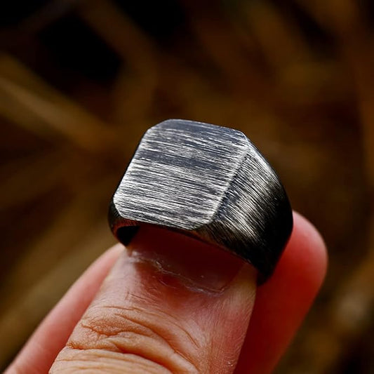 Rockyu メンズ ヴィンテージ印台リング｜幅広 ステンレス製 ブラッシュ仕上げ 指輪