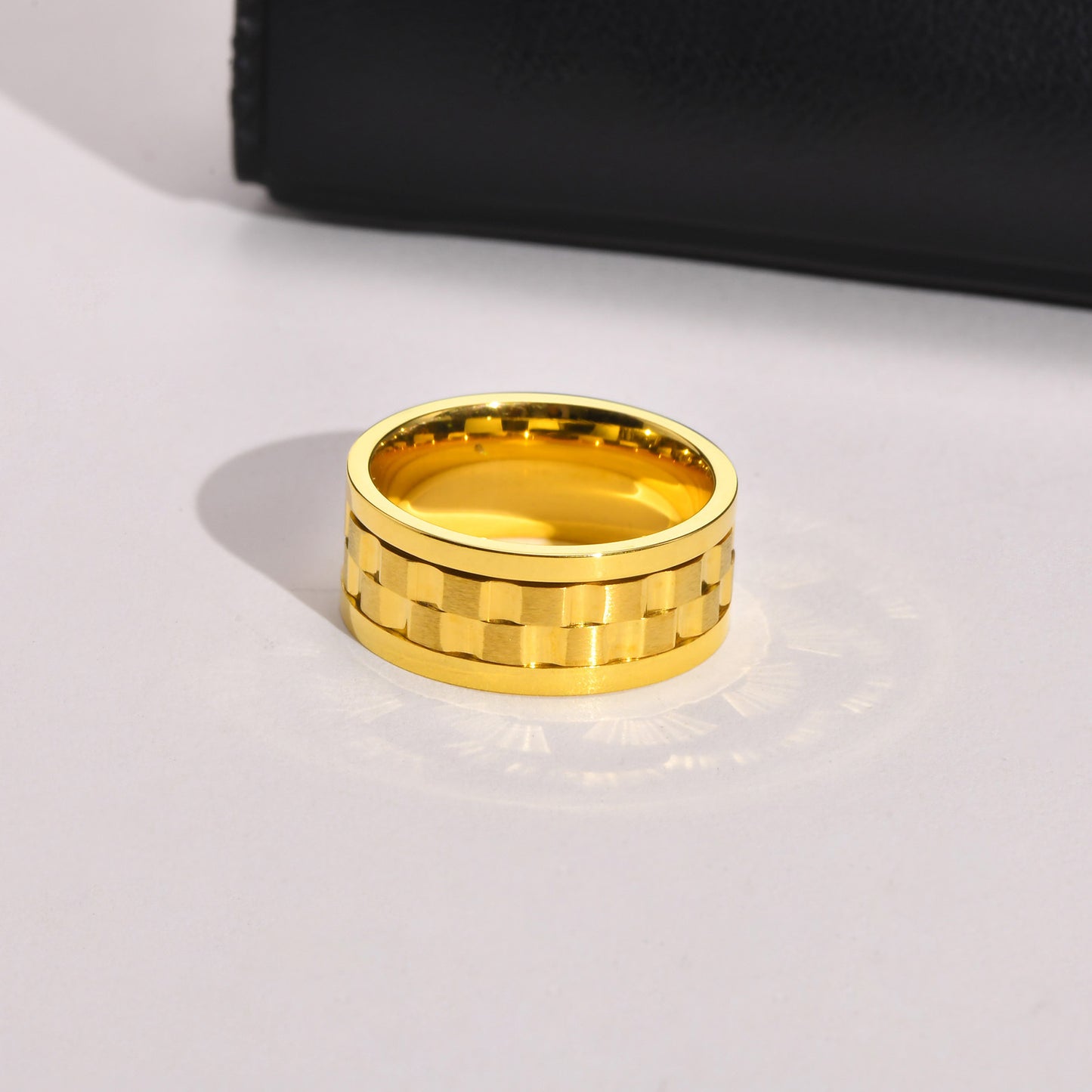 Rockyu ステンレススチールスピンリング 9mm幅 メンズ チタン風ギアデザイン