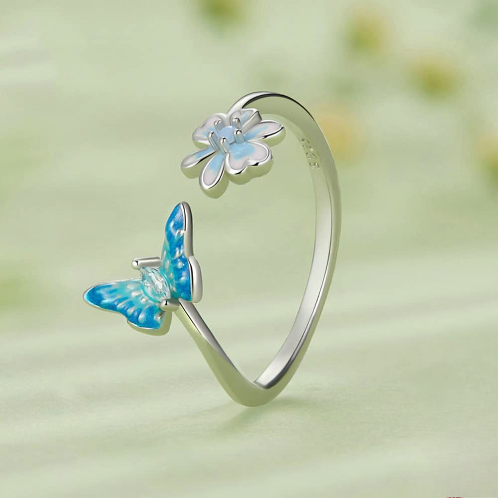 Rockyu レディース バタフライリング シルバー925 蝶モチーフ ジルコニア 花デザイン フリーサイズ 金属アレルギー対応