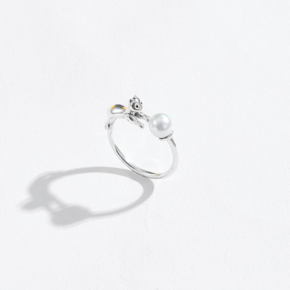 Rockyu レディースリング フリーサイズ 猫とパールのシルバー925指輪