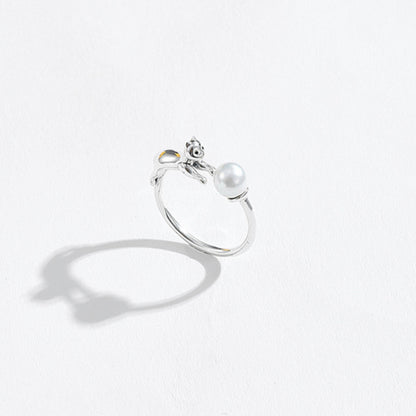 Rockyu レディースリング フリーサイズ 猫とパールのシルバー925指輪