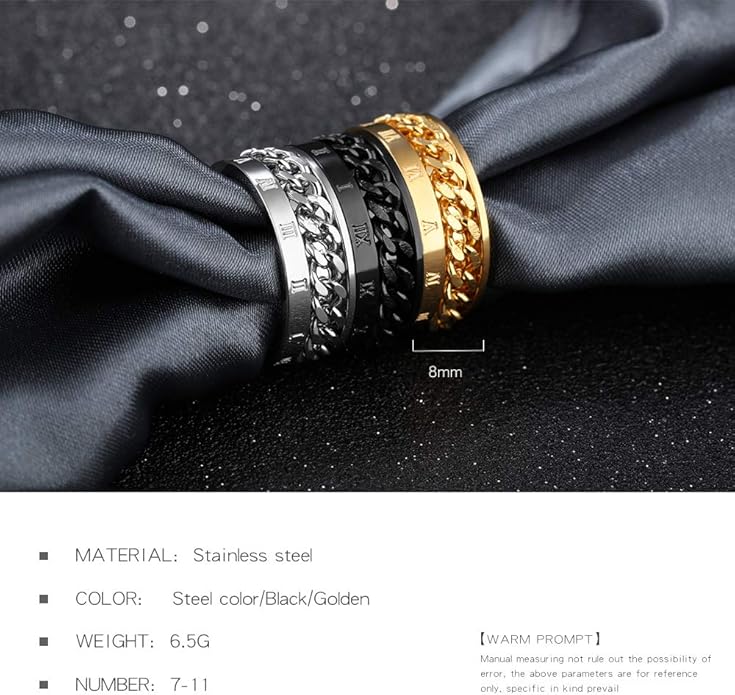 Rockyu ローマ数字チェーンリング メンズ ステンレス製 回転式 8mm おしゃれアクセサリー