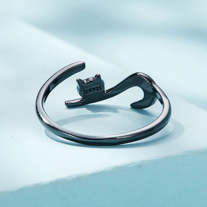 Rockyu 猫リング レディース シルバー925 フリーサイズ シンプル 可愛い ネコモチーフ 金属アレルギー対応