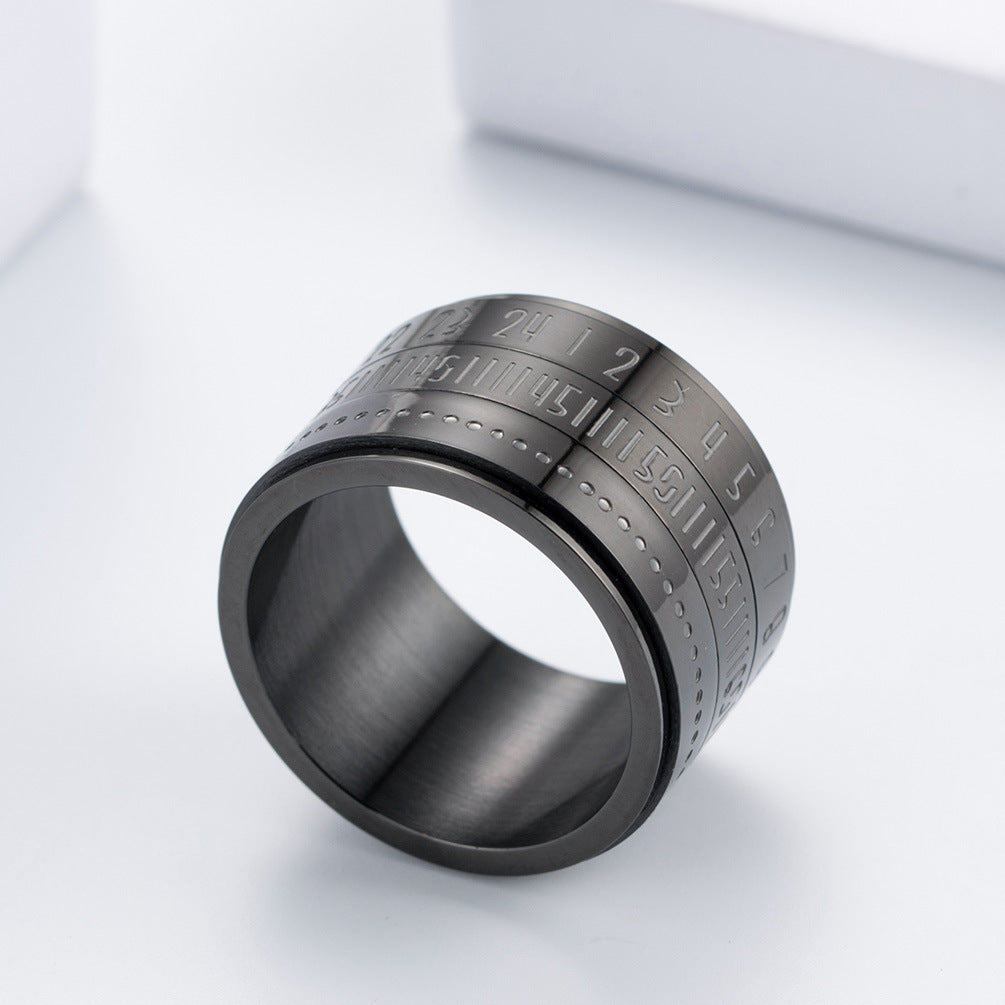 Rockyu 回転式ステンレスリング メンズ ローマ数字＆日付デザイン