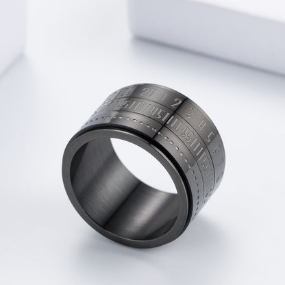 Rockyu 回転式ステンレスリング メンズ ローマ数字＆日付デザイン