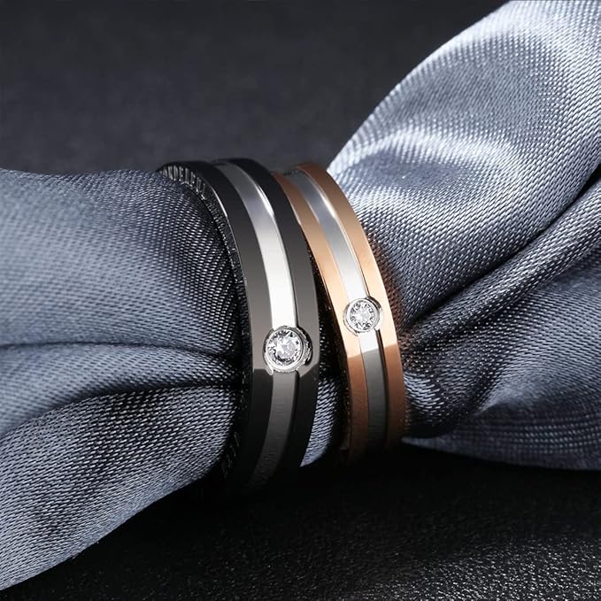 Rockyu ペアリング ステンレス製 一粒ジルコニア付き ブラック＆ピンクゴールドリング