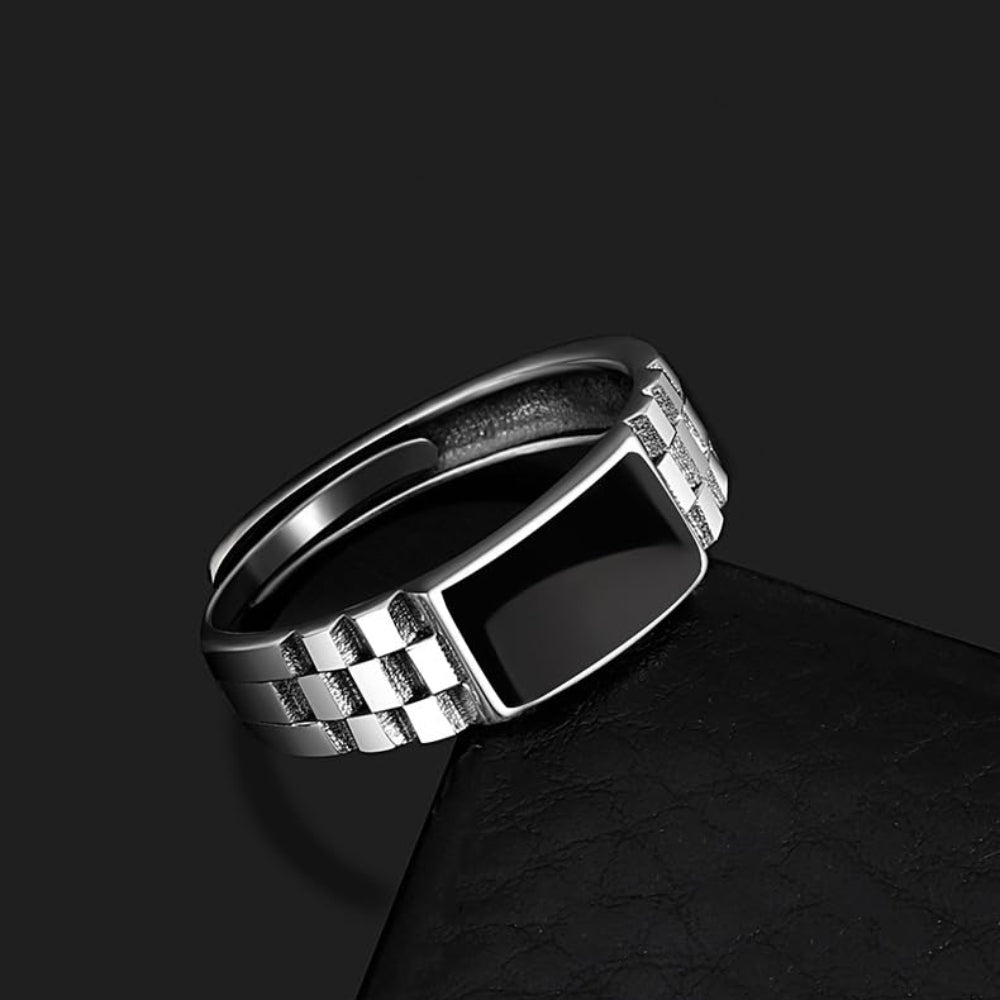 Rockyu 指輪 メンズ シルバー925 チェッカーデザイン ブラックオニキス調 フリーサイズリング おしゃれ シンプル モダンデザイン