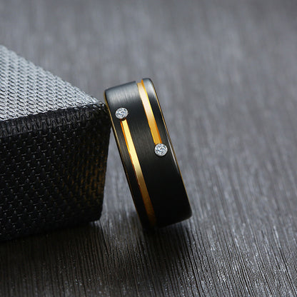 Rockyu タングステンリング メンズ レディース兼用 8mm ブラック＆ゴールド キュービックジルコニア埋込デザイン