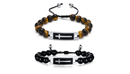 Rockyu メンズ 十字架ブレスレット タイガーアイ×ステンレス 数珠デザイン アレルギー対応