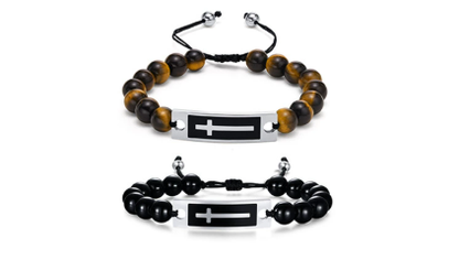 Rockyu メンズ 十字架ブレスレット タイガーアイ×ステンレス 数珠デザイン アレルギー対応