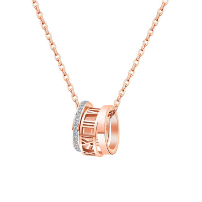 Rockyu ネックレス レディース ローマ数字 3連リングネックレス 18Kピンクゴールド キュービックジルコニア付