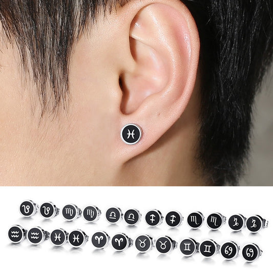 Rockyu 星座ピアス 8mm ステンレス ブラック メンズ レディース 水瓶座 アンティーク風