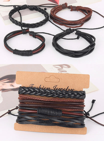 Rockyu ブレスレット メンズ 4点セット ブラック PUレザー 多層編み込み おしゃれ腕輪