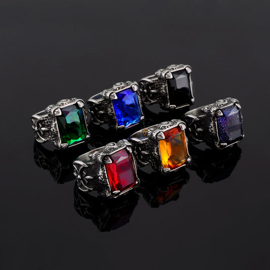 Rockyu ステンレスリング メンズ 幅広 ごつめデザイン ビンテージ風 宝石風ストーン リング