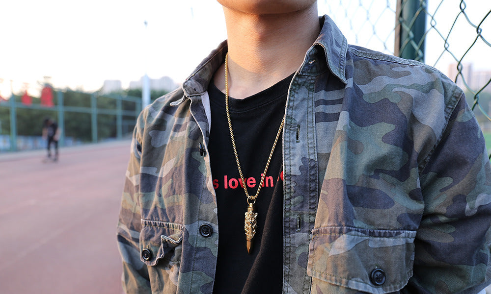 Rockyu 弾丸ドラゴンクロスネックレス メンズ ステンレス製 ゴールド＆シルバー ペンダント