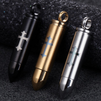 Rockyu 薬ケースネックレス メンズ ステンレス製 弾丸モチーフ 十字架刻印付き