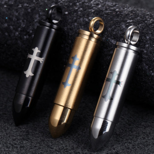 Rockyu 薬ケースネックレス メンズ ステンレス製 弾丸モチーフ 十字架刻印付き